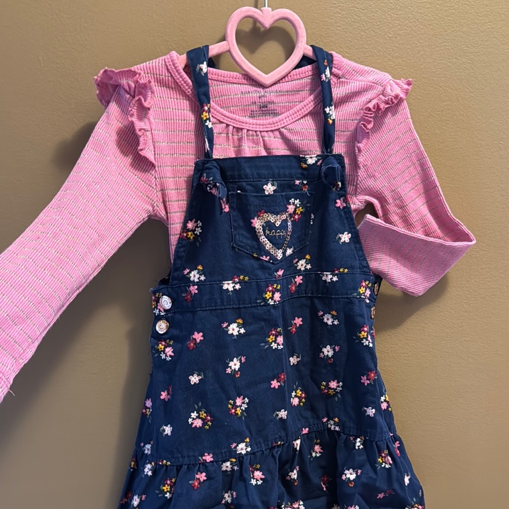 Floral Denim Overalls with Pink Top